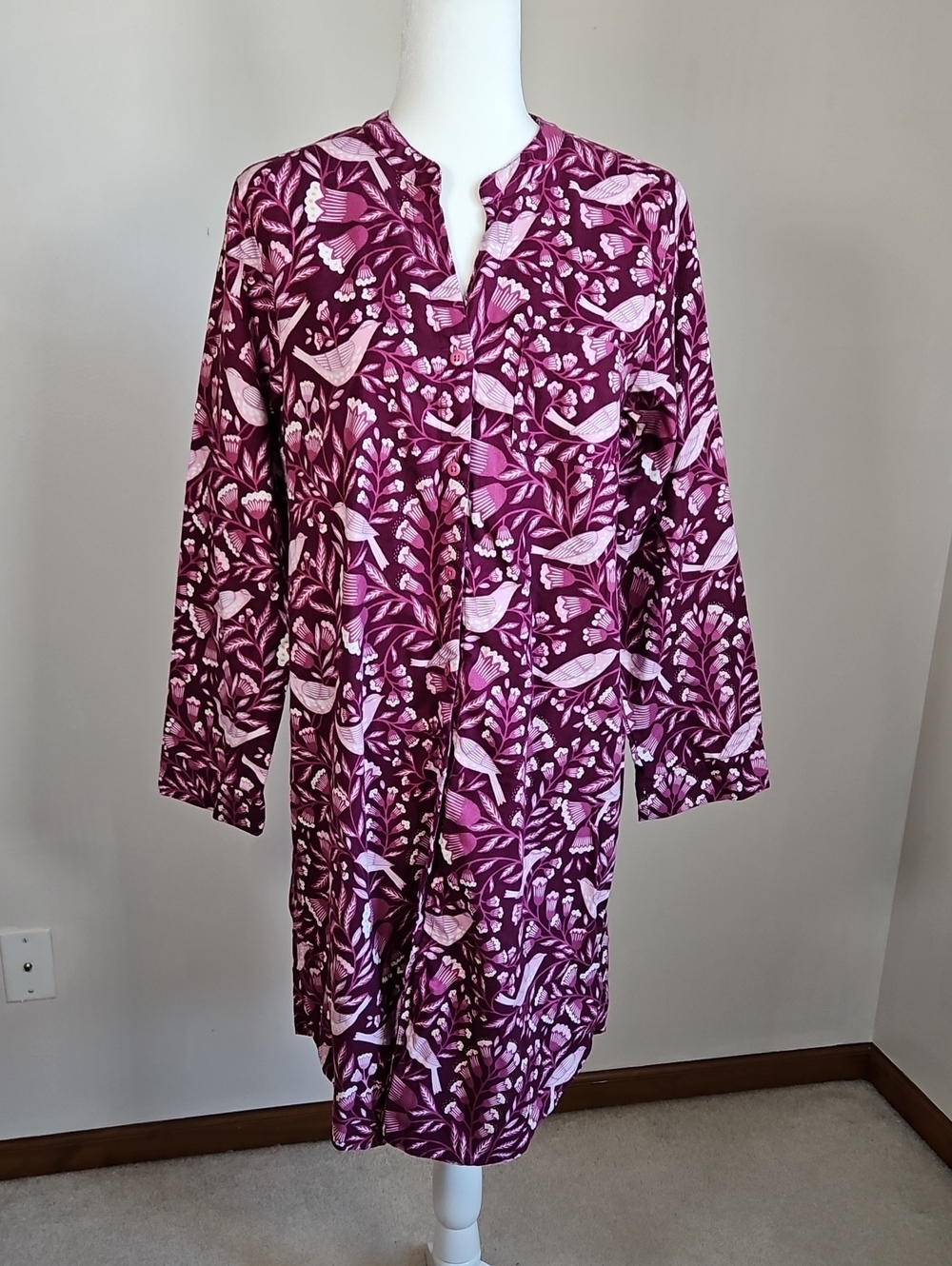 Garnet Hill Organic Pima Cotton Sleep Shirt Nightgown Flannel Purple Bird M